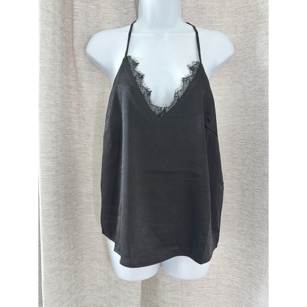 Lucy Paris Womens Black Satin Eyelash Lace Trim V-Neck Cami Tank Top Small NWT